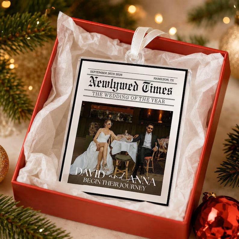 Personalized Wedding Photo Newspaper Ornament: Newlywed Times Ornament, Just Married Ornament, 2026 First Anniversary Gift for Couple 75006f23-5fd6-4193-841f-56564ed35145-sadfasfasffas.jpg
