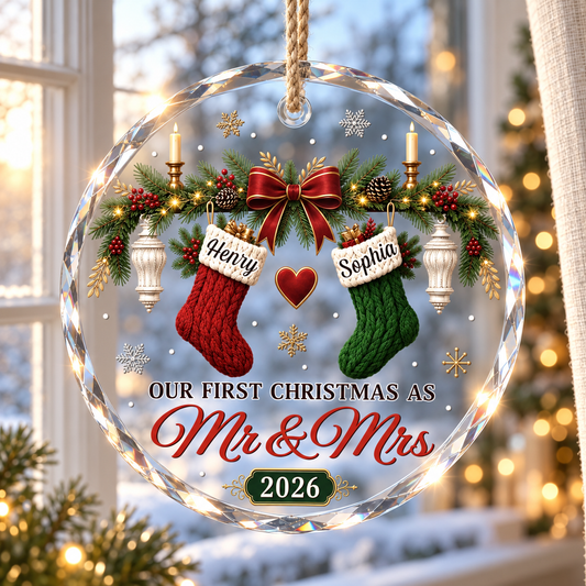 Custom First Christmas Circle Glass Ornament - Personalized Anniversary Christmas Wedding Gifts For Husband And Wife, Him And Her - Love Hanging On Tree 75095ca5-1ddc-443b-9e19-9f1a541410dc-banner-1.png