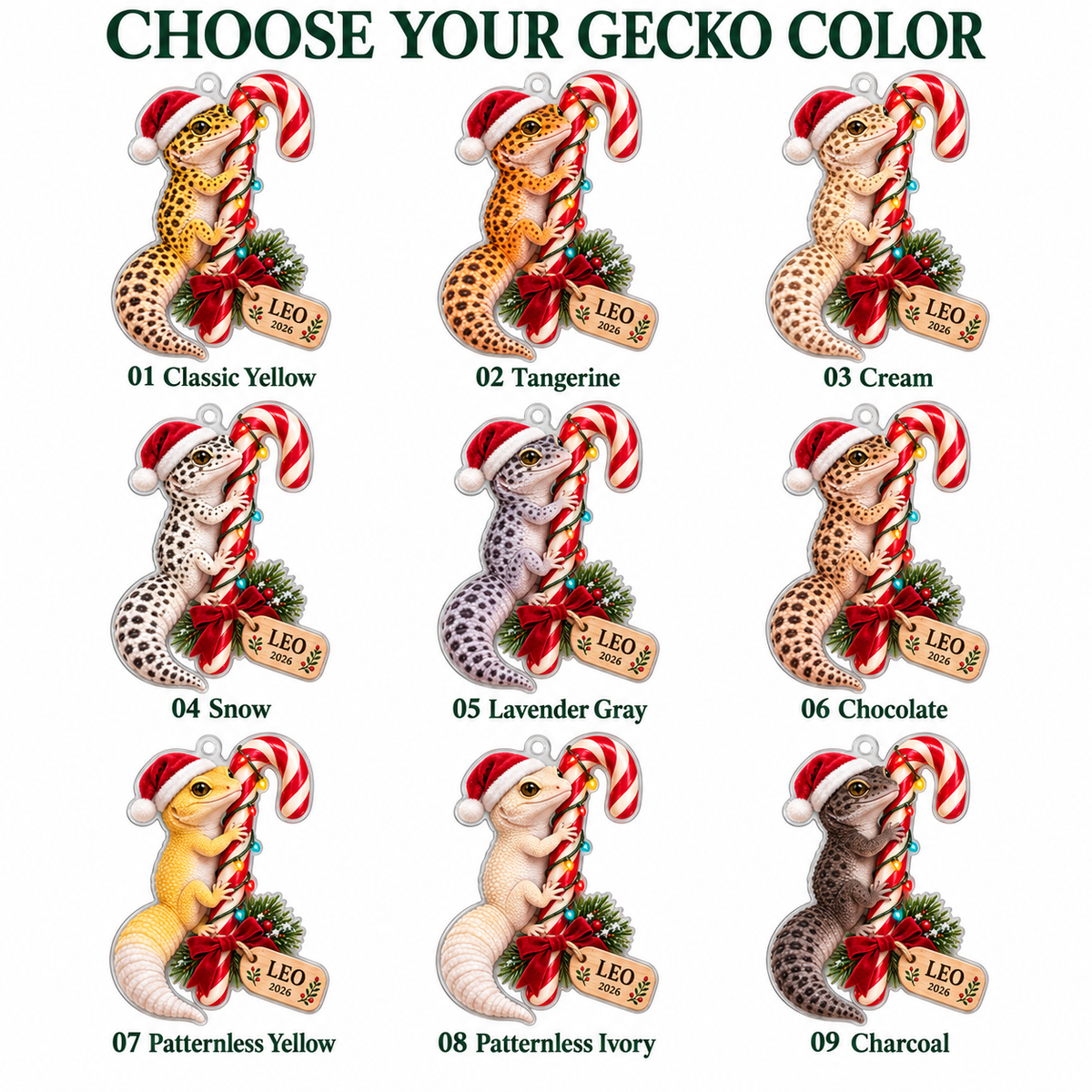 Personalized Leopard Gecko Christmas Ornament – Custom Name & Year, Candy Cane Reptile Keepsake, Christmas Gift for Gecko Lovers 751dfe8f-3215-41a9-9c1b-5b26ac6bd77c-Nine-color-leopard-gecko-ornament-selection.png