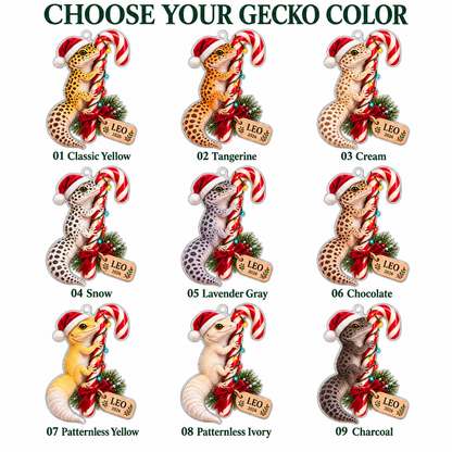 Personalized Leopard Gecko Christmas Ornament – Custom Name & Year, Candy Cane Reptile Keepsake, Christmas Gift for Gecko Lovers 751dfe8f-3215-41a9-9c1b-5b26ac6bd77c-Nine-color-leopard-gecko-ornament-selection.png