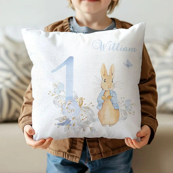 Personalised Cute Peter Rabbit Bunny Floral Throw Pillow Cover with Birth Month and Name Nursery Decor Baby Shower Birthday Gift for Boys Girls