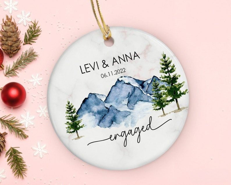 First Christmas Engaged, Personalized Ornament, Watercolor Mountain Ornament, Christmas Gift For Couple, Engagement Wedding Gifts