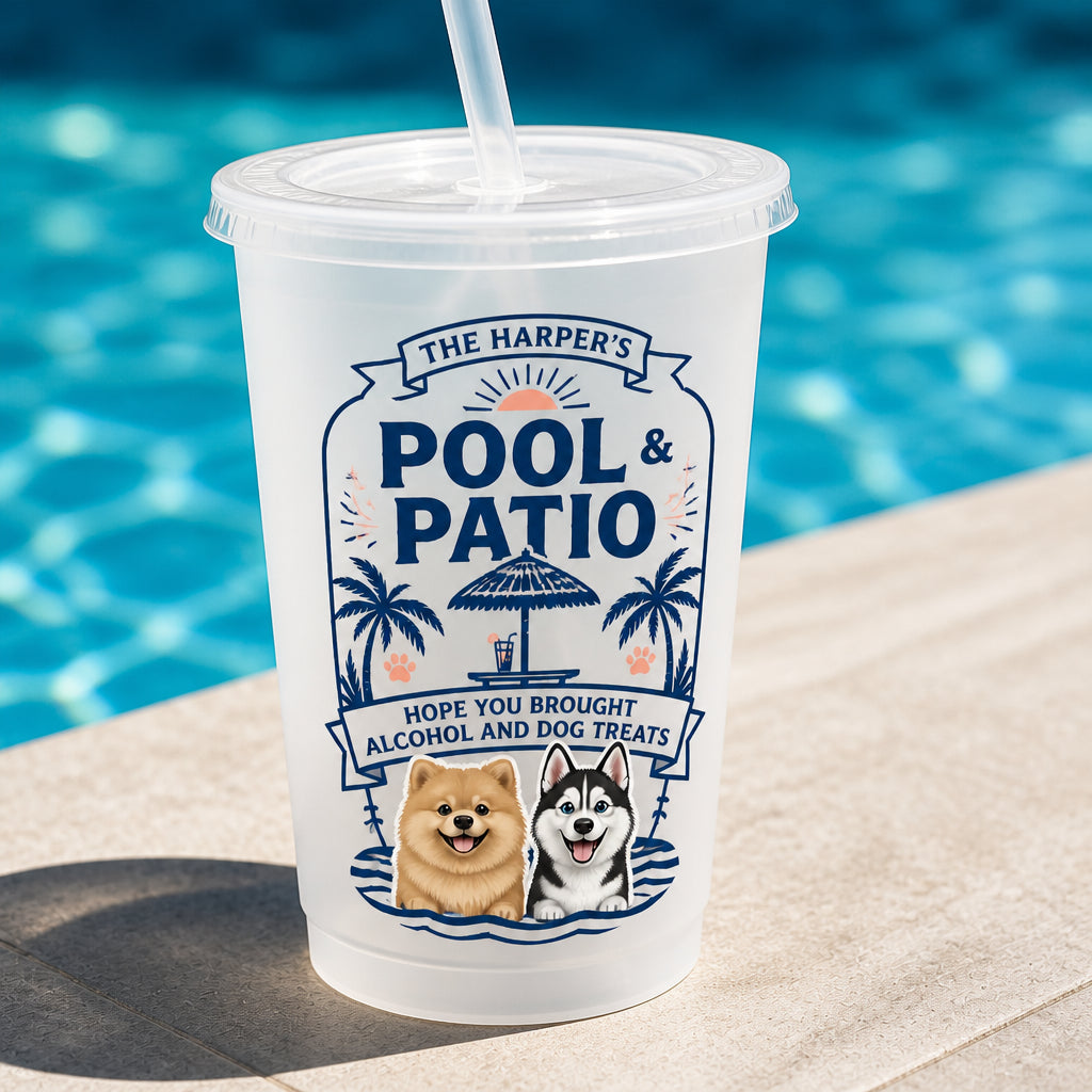 Custom Pool & Patio Frosted Cup – Family Name + 2 Pet Portraits - Personalized Plastic Frosted Water Cup 75e2a8b9-f6d4-46d4-8f78-b03ee655ea0e.jpg