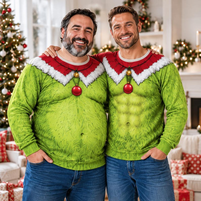 Funny Green Fur Ugly Christmas Sweatshirt, Fake Abs Santa Clause Ugly Sweatshirt, Green Christmas Cosplay Outfit, Christmas Party Costume, Funny Gìt 76662de1-eb0f-4e7e-a12a-338b45bef325-p3.jpg