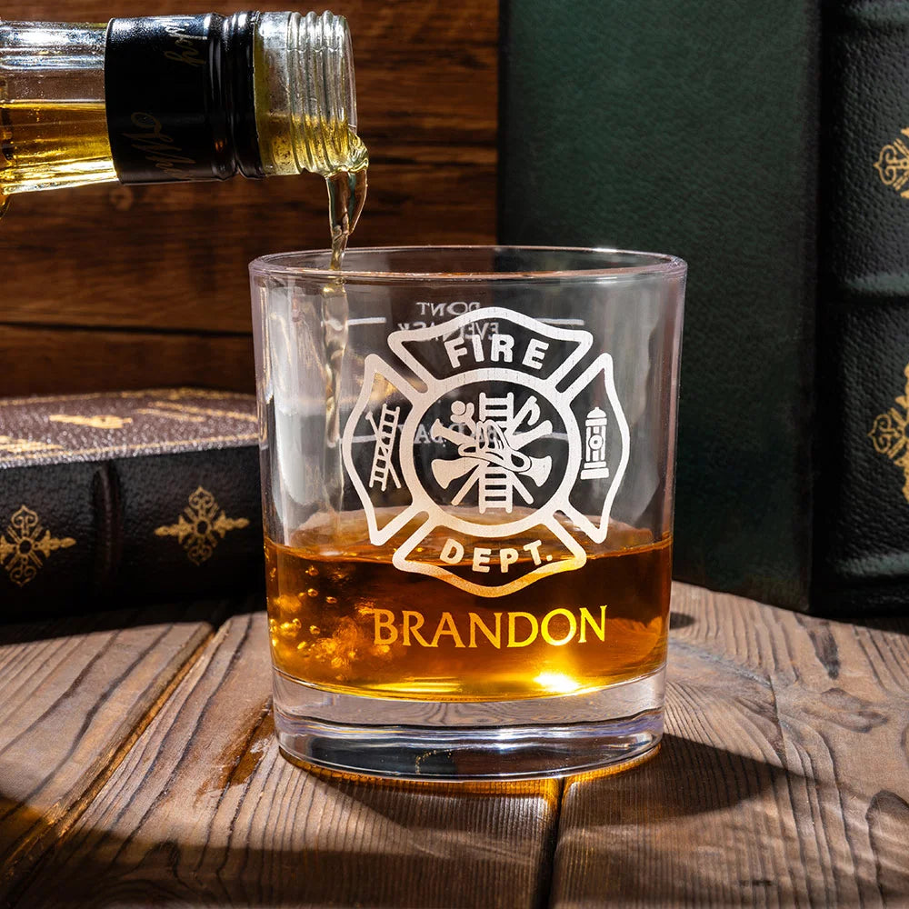 Personalised Firefighter Badge Etched Whisky Glass with Text Birthday Retirement Gift for Firefighter