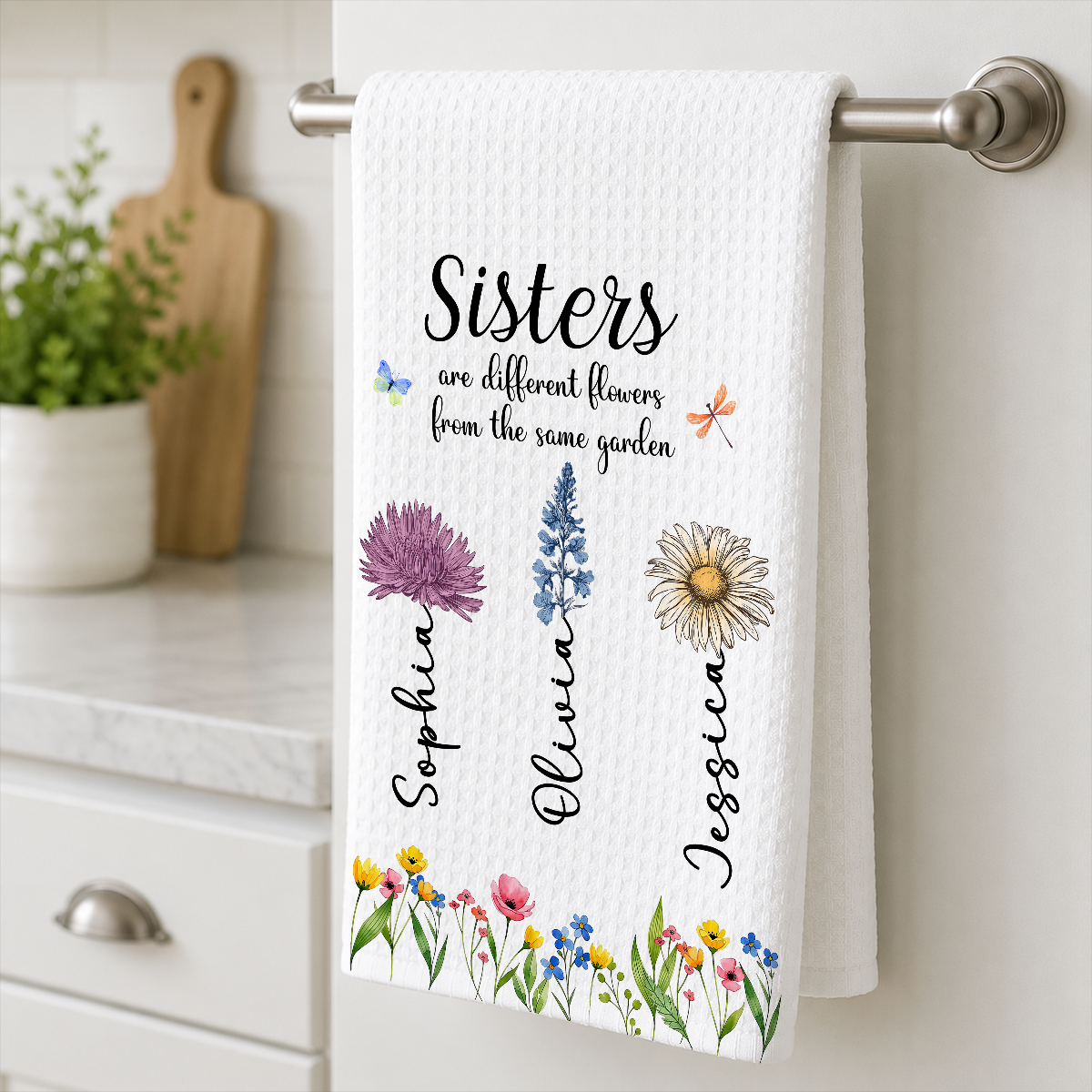 Sisters Are Different Flowers From The Same Garden - Personalized Name Waffle Weave Kitchen Towel, Housewarming Gift 767f1ca9-b03a-478d-abad-40f6dd453ce1-4-5-.png