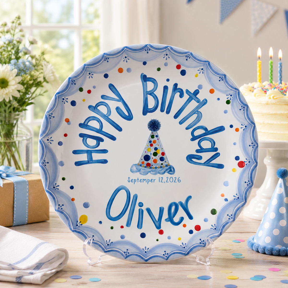 Personalized Boys Birthday Plate, Custom Name Ceramic Plate, Party Hat Colorful Dots, Kids Keepsake Gift, Birthday Party Decor 7684982b-f1cb-4d95-93bf-113d939166d6-banner-2.png