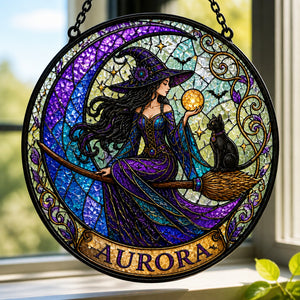 Personalized Witch & Cat Crescent Stained Glass Suncatcher - Personalized Suncatcher Stained Glass 76afccf7-091a-47c4-83a4-1fa164bf59f8.jpg