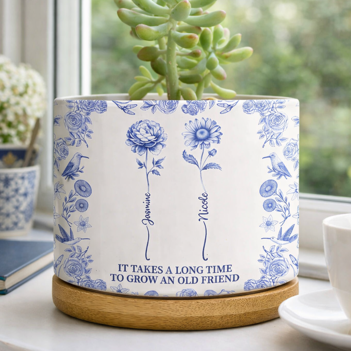 Birth Flower Grow An Old Friend Toile De Jouy Pattern - Personalized Plant Pot - Gift For Friends, Besties, Sisters