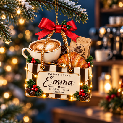 Personalized Coffee Lover Christmas Ornament – Custom Name Coffee Bag with Latte and Croissant, Holiday Keepsake Gift for Coffee Lovers and Baristas 772f270f-4108-4d51-a58a-69343a3b6047-Coffee-Lover-Ornament-on-Snowy-Fir-2.png