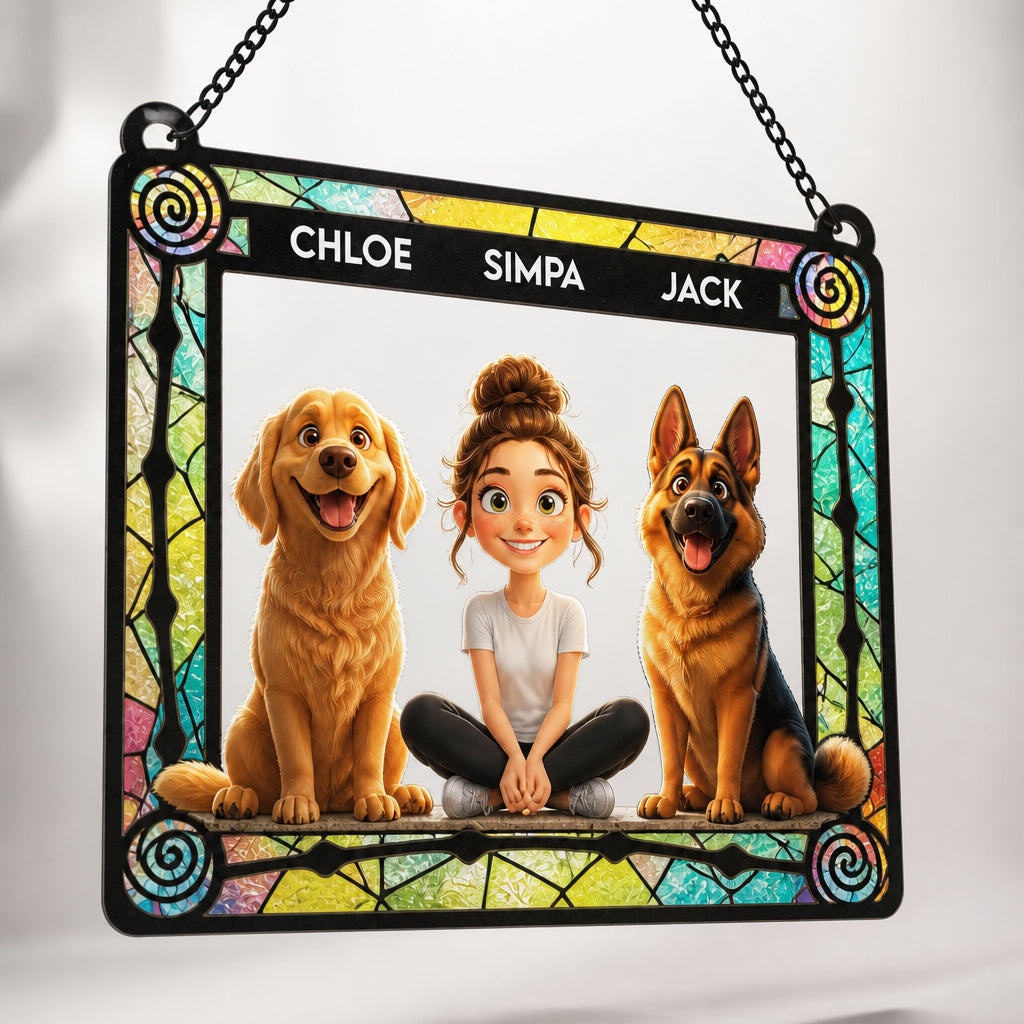 Custom Cartoon Person & Pets Stained Glass Suncatcher - Personalized Suncatcher Stained Glass 774db82d-5449-40a4-aa84-3e93da307ee7.jpg