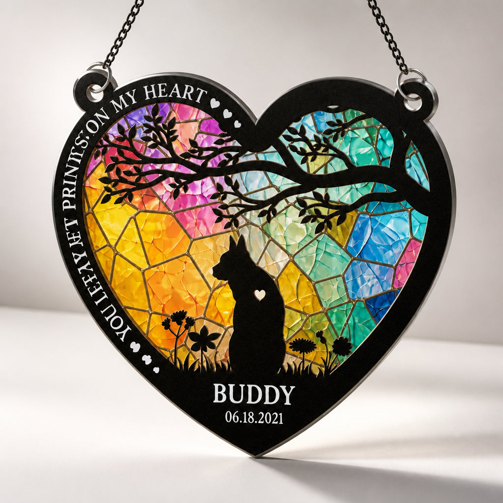 Cat Memorial Stained-Glass Suncatcher – Paw Prints On My Heart - Personalized Suncatcher Stained Glass 779c52da-12f4-4f62-9e50-6925d171afbd.jpg