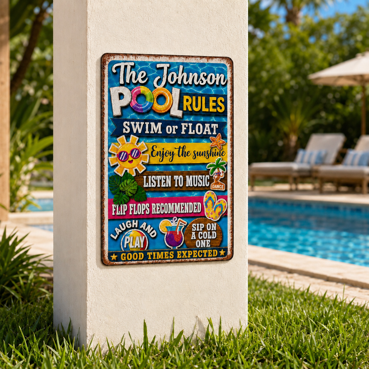 Personalized Funny Pool Rules Metal Sign, Custom Family Name Decor, Summer Beach House Sign