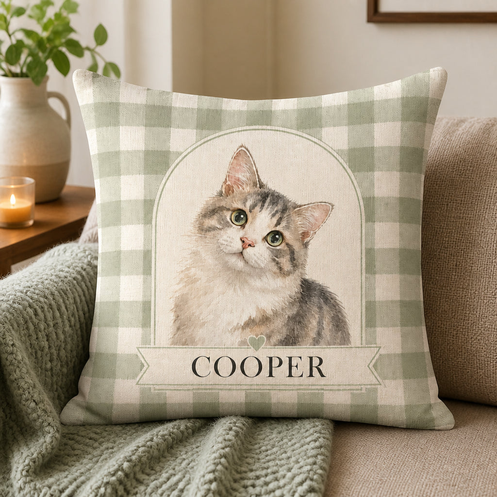 Custom Watercolor Pet Portrait Pillow – Arch on Sage Gingham - Personalized Pillow 78082513-eaeb-40a3-8e4d-c480506e6703.jpg