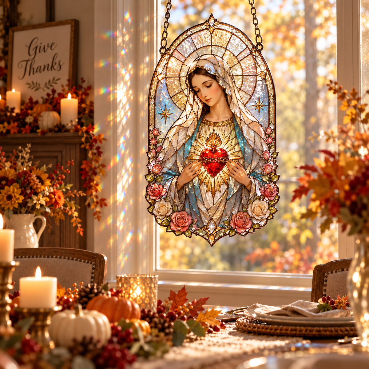 Sacred Heart Mary window hanging, floral religious suncatcher with lilies, roses and golden halo 781f951f-75a9-41a6-97d3-7db2ecd04130-0463af93-cbe8-4812-b4cb-140183081ac1.png
