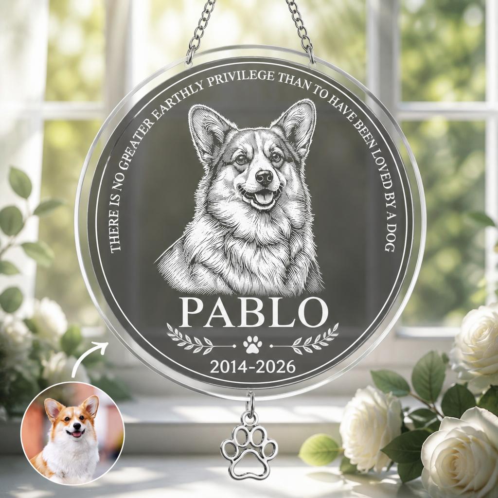 Custom Pet Memorial Stone – Engraved Portrait, Name & Years - Personalized 1 Layered Suncatcher with Charm 78794cd6-9f93-4704-8ca9-00b8b62e319d.png