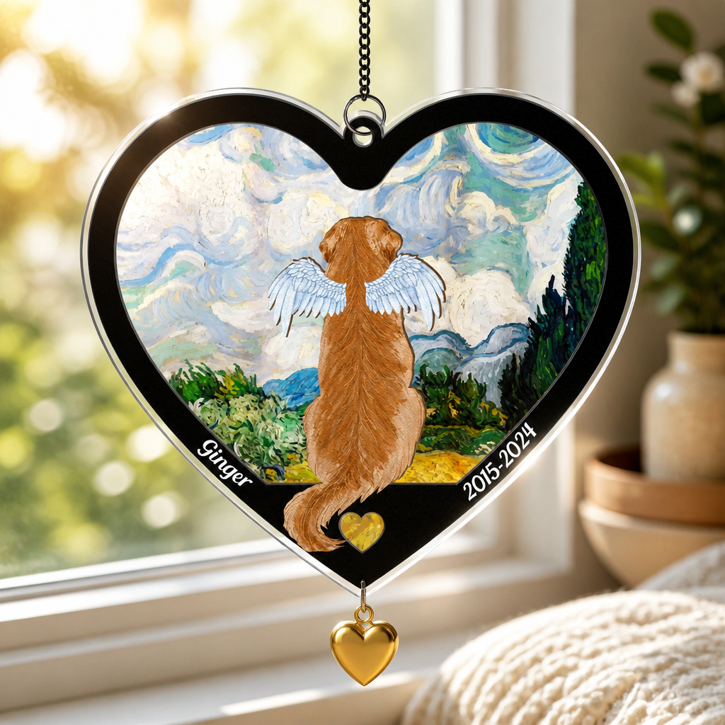 Heart Pet Memorial Suncatcher – Dog with Angel Wings, Name & Years - Personalized 1 Layered Suncatcher with Charm 78c1c7dd-6168-4a63-b9d0-4f17e3cbaa69.png