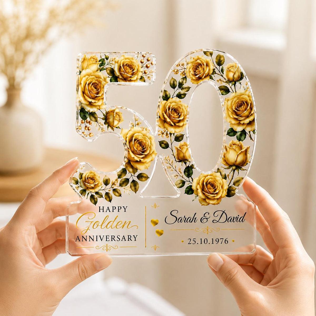 50th Anniversary Acrylic Block, Personalized Golden Wedding Gift With Gold Roses, Custom Couple Names and Date Keepsake 78eb4edb-e39c-4aba-b912-dc1ac48b8362-4.jpg