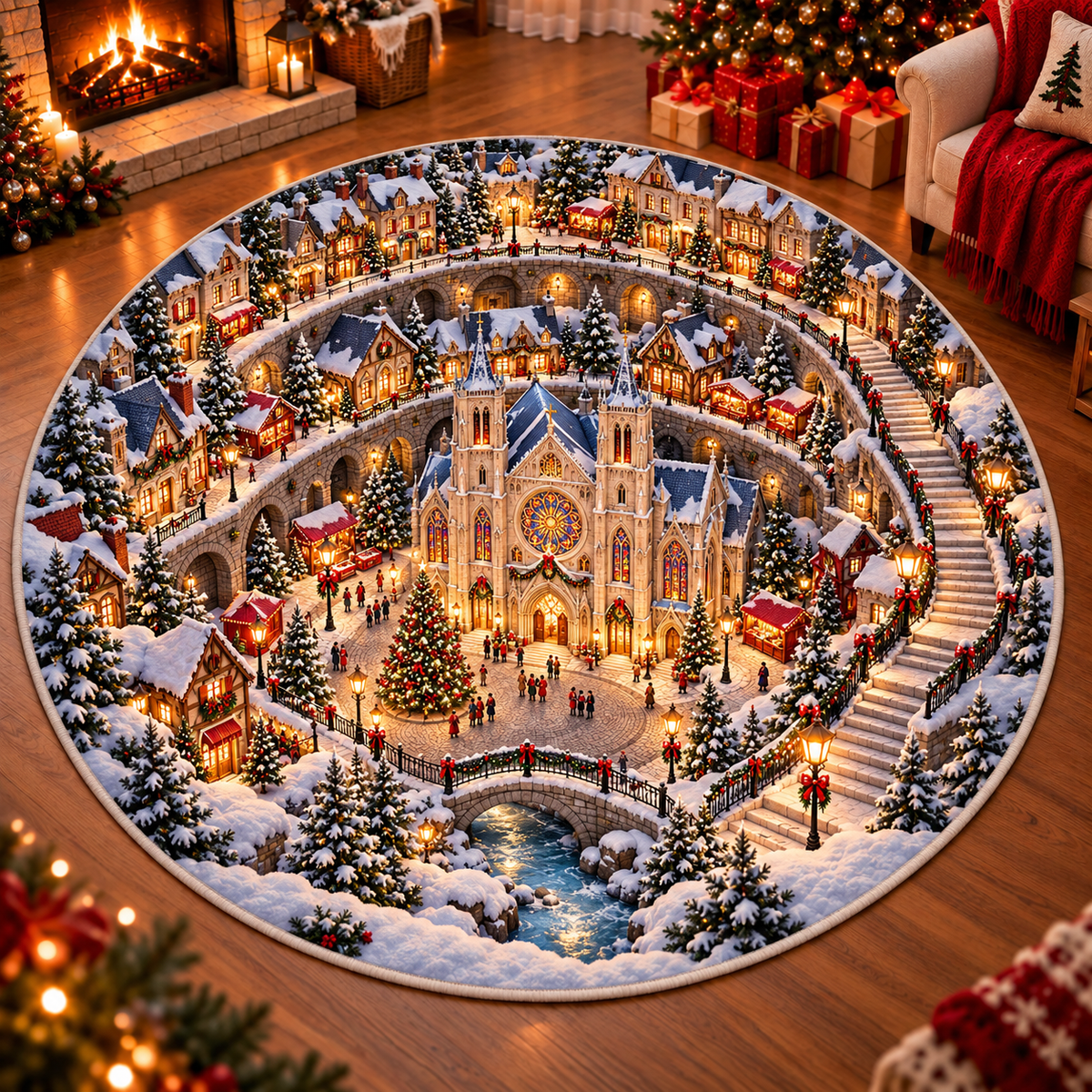 Christmas Cathedral Village 3D Illusion Round Rug, Snowy Church Square Floor Mat, Winter Wonderland Area Carpet, Festive Holiday Home Decor 78f6b859-cb4d-43a3-9fb6-57b11d3f2131-Christmas-Cathedral-Square-Illusion-Rug.png