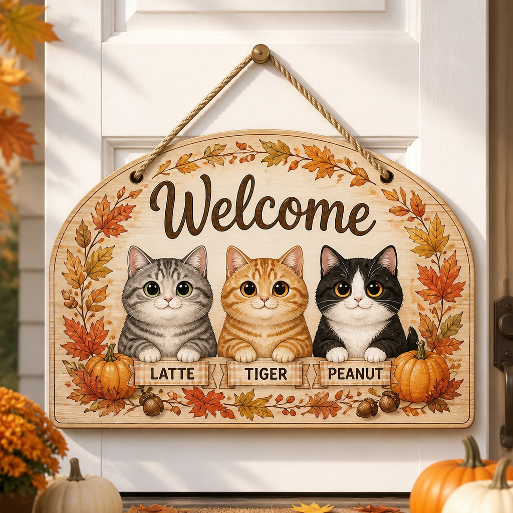 Autumn Cats Welcome Door Sign – 3 Pet Names - Personalized Wood Sign 7945dda0-c0a2-4909-8c0d-9ca288b9f865.png
