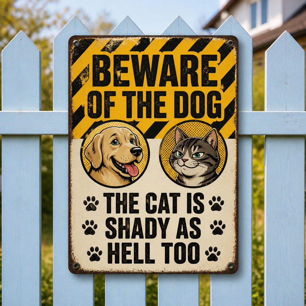 Beware of the Dog & Shady Cat Metal Sign - Metal Sign 7946aa07-e841-4dbc-8df3-d11c2dcbf57a.png