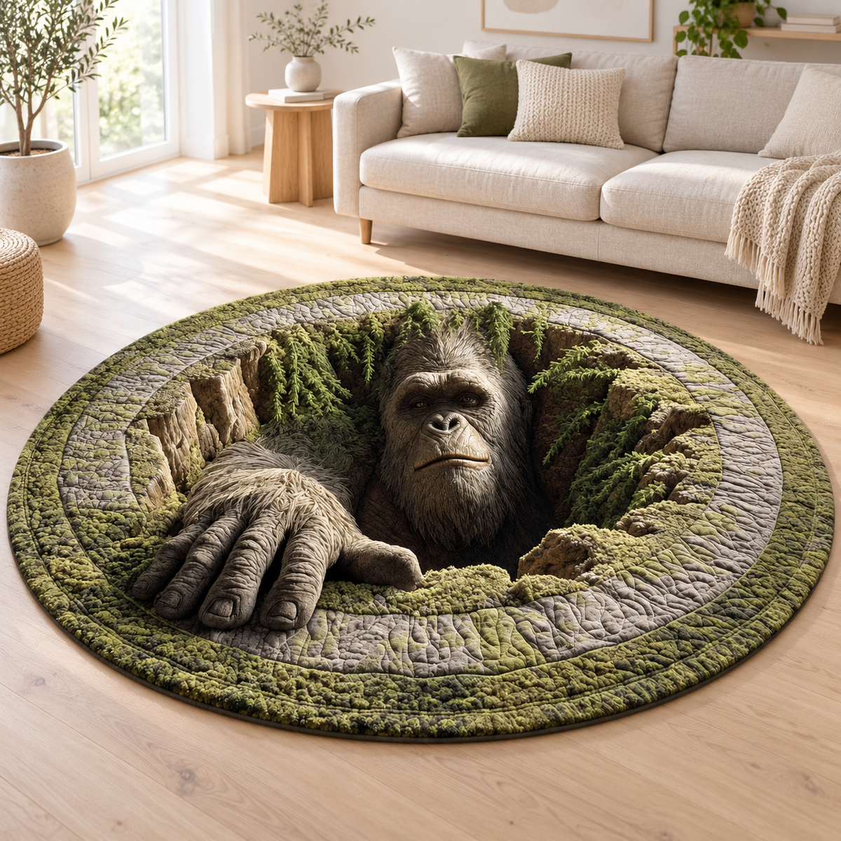 Bigfoot Round Mat, Sasquatch 3D Illusion Rug, Forest Creature Floor Mat, Rustic Cabin Decor, Cryptid Rug, Bigfoot Lover Gift 7957527a-e715-405e-b2e2-bd1e7078a998-Th-m-kh-3D-phong-c-ch-B-c-u-2.png