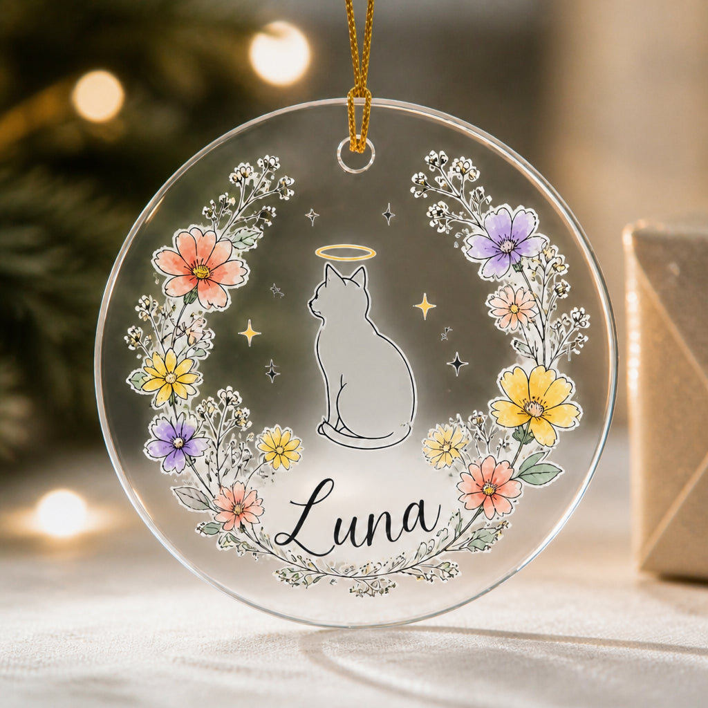 Cat Memorial Floral Name Ornament - Personalized Transparent Acrylic Ornament 79640ef9-2284-48e7-80e4-0e6cafd215e6.jpg