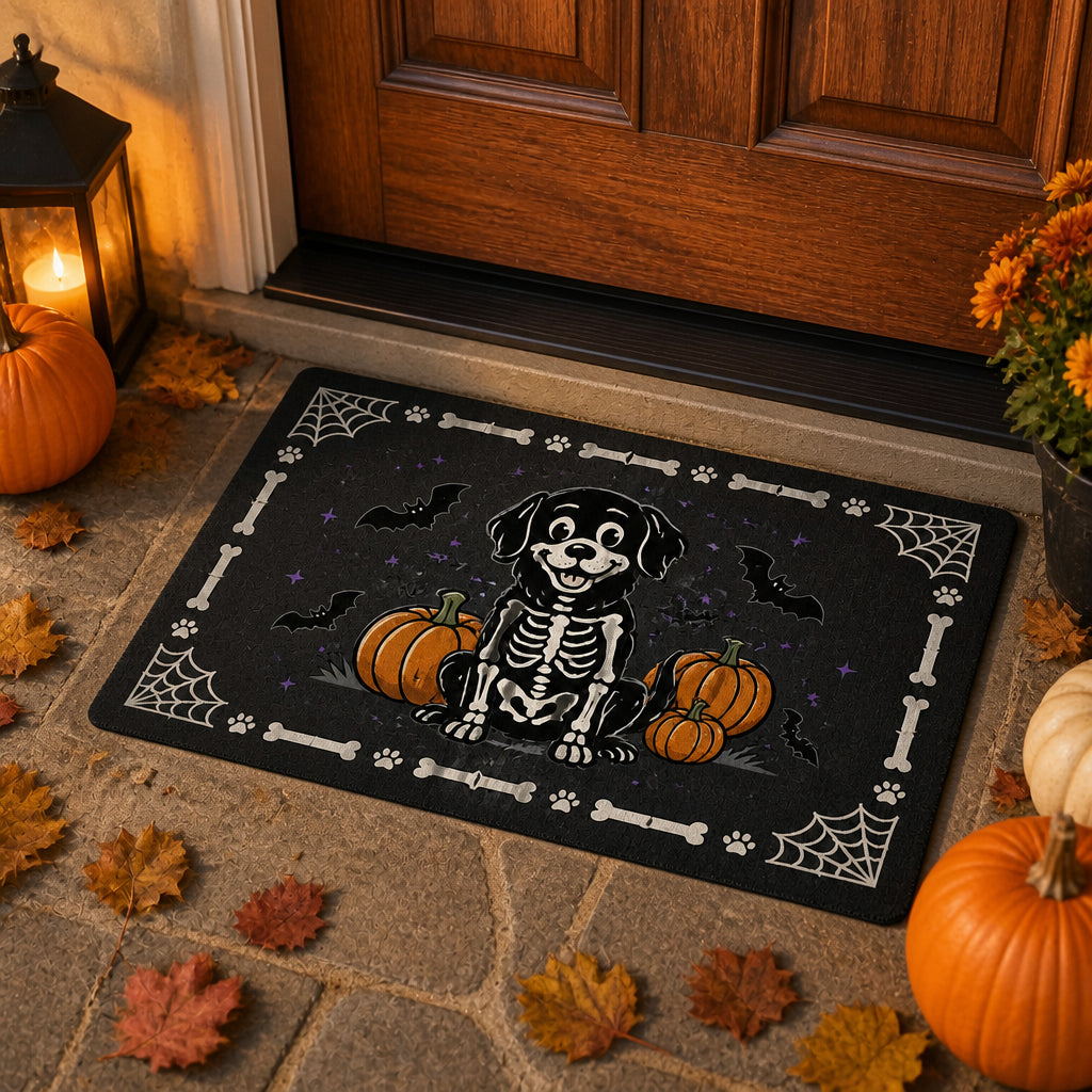 Halloween Skeleton Dog Doormat with Pumpkin & Bat Border - Doormat 79713c72-35cf-4abf-8753-c130e73a88eb.jpg
