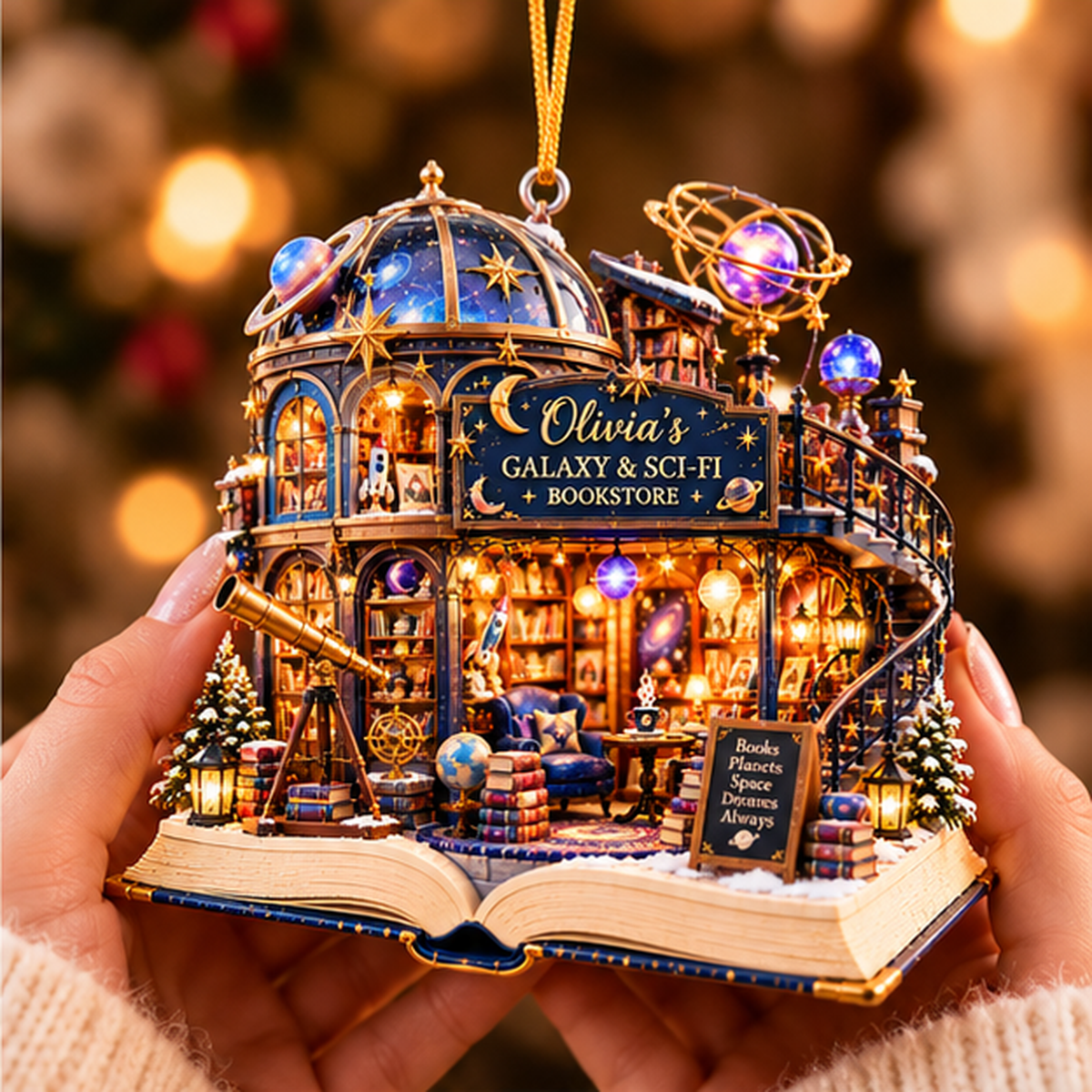 Personalized Galaxy & Sci-Fi Bookstore Christmas Ornament – Custom Name 2D Flat Acrylic Ornament, Space Fantasy Book Lover Gift 79fe3a2c-e7ab-44d9-adfe-7c4010931939-olivia_galaxy_bookstore_02_held_in_hand_1200.png