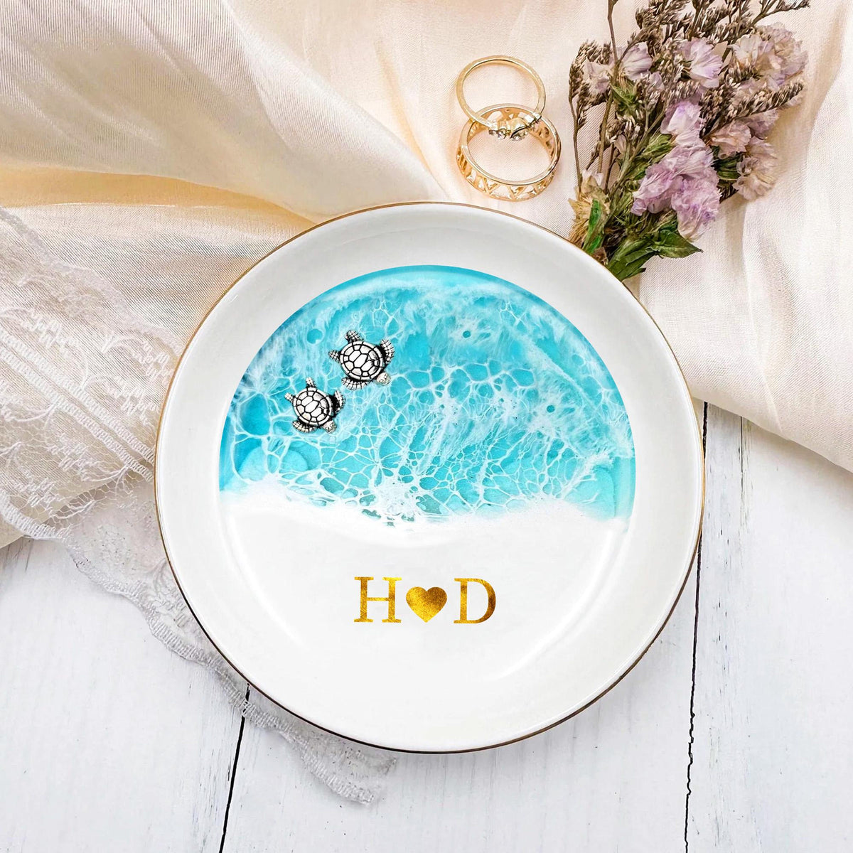 Custom Sea Turtle Couple Ring Dish, Wedding Anniversary Gift, Ocean Jewelry Tray, Engagement Gift, Couples Gift, Wedding Party Favors