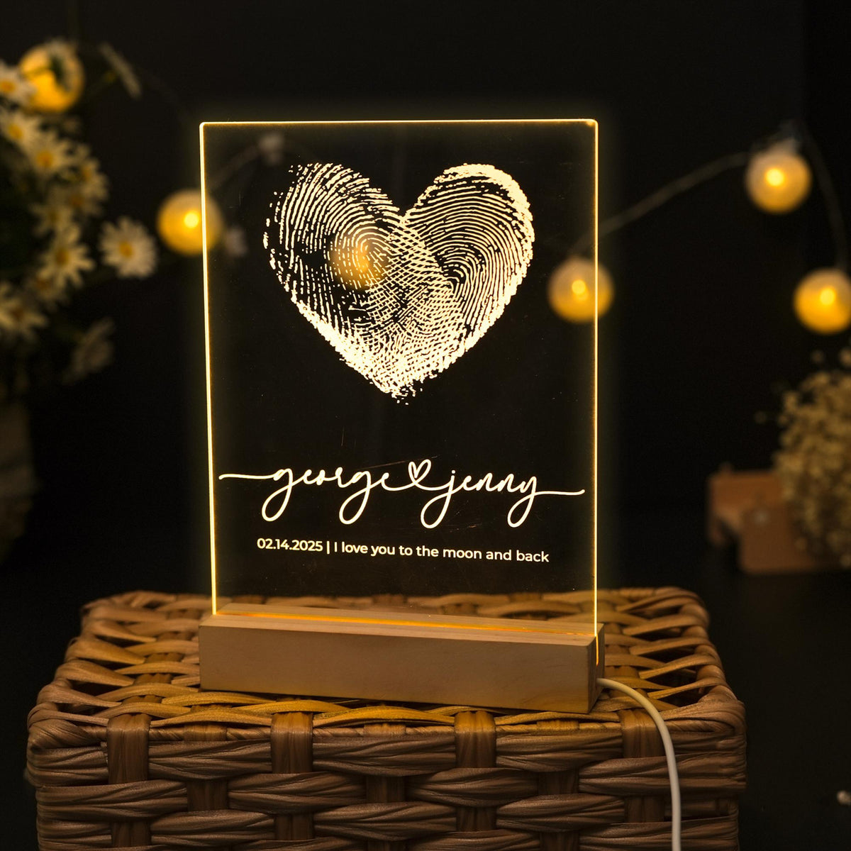 Custom Fingerprint Heart with Names, Personalized LED Light Wooden Base, Valentines Gift, Custom Lamp, Anniversary Gift