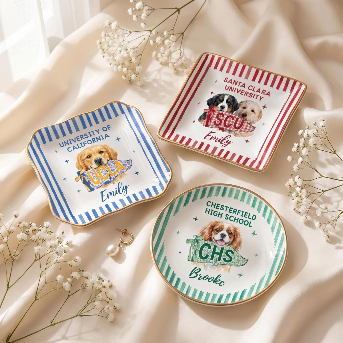 Custom College Pet Portrait Ring Dish, Personalized University Jewelry Tray, Small Graduation Gift for Girls, College Dorm Room Desk Decor