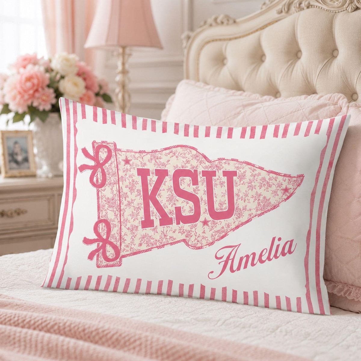 Personalized College Pillow, Custom Name Dorm Decor, Preppy Pennant Pillow, Floral Bow Pillow, Graduation Gift, College Bound Gift 7_0be078ce-d837-4ed3-af68-62b90c929de1.jpg