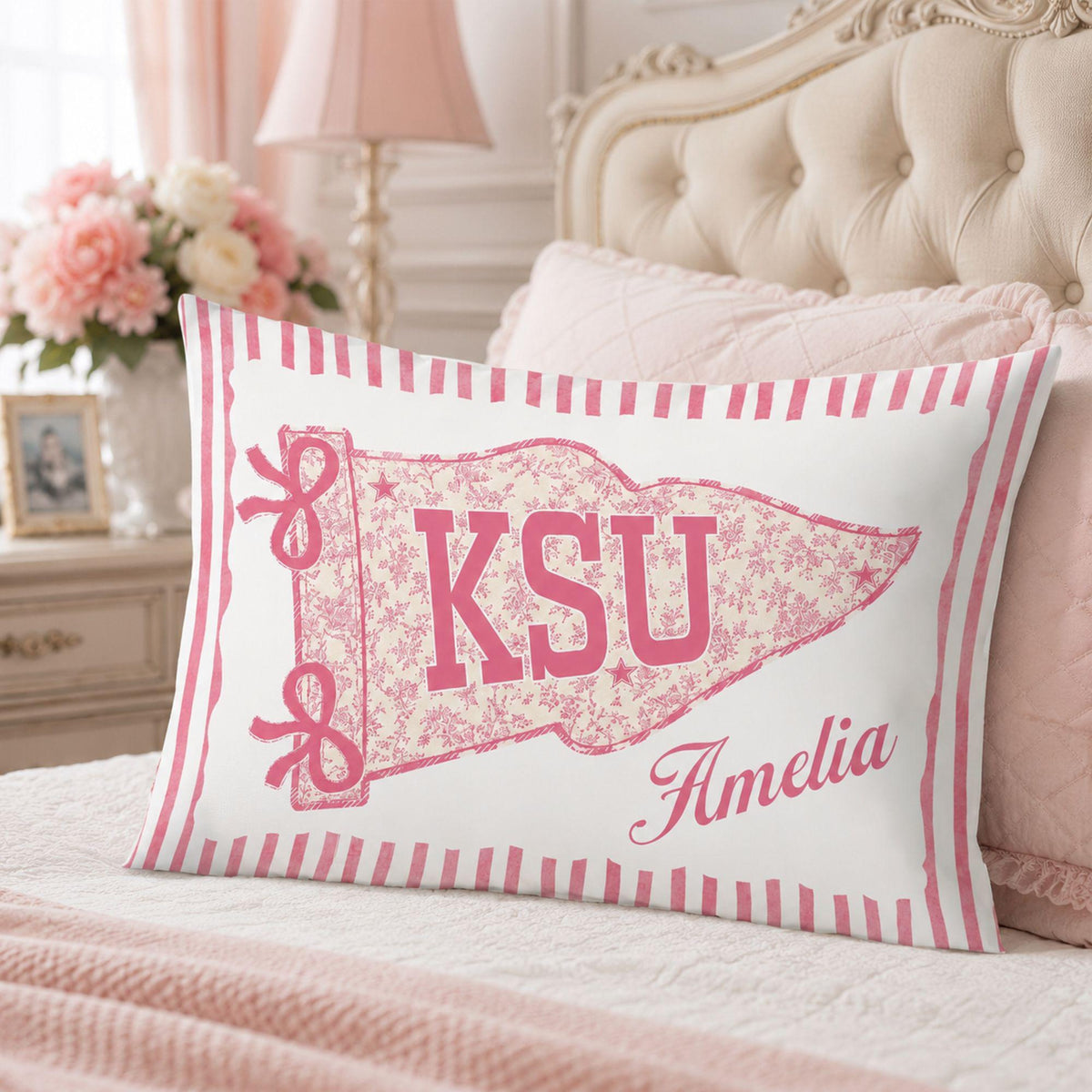 Personalized College Pillow, Custom Name Dorm Decor, Preppy Pennant Pillow, Floral Bow Pillow, Graduation Gift, College Bound Gift
