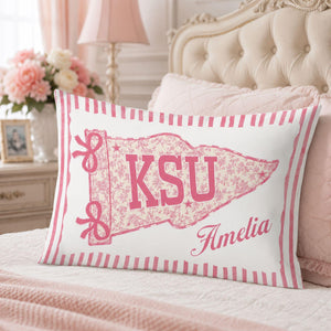 Personalized College Pillow, Custom Name Dorm Decor, Preppy Pennant Pillow, Floral Bow Pillow, Graduation Gift, College Bound Gift
