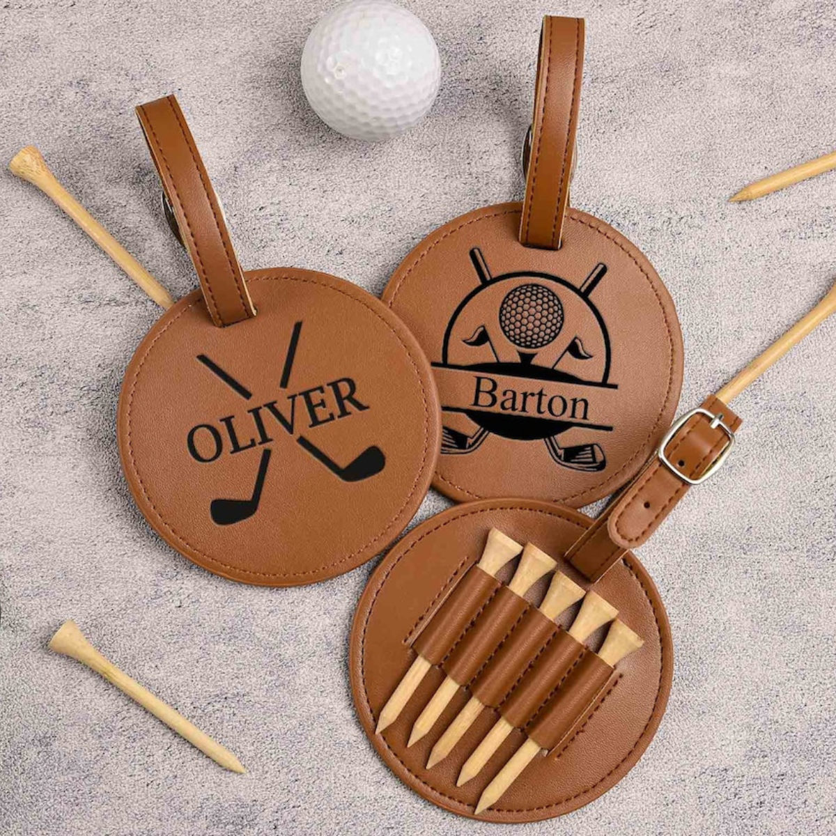 Engraved Leather Golf Bag Tag with Tees: Personalized Golf Gift