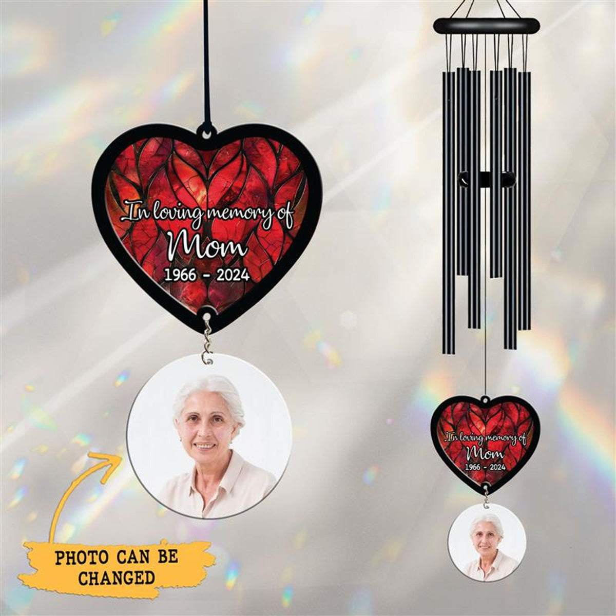 Personalized Memorial Wind Chime, Black Wind Chime, Heart Suncatcher Wind Chime, In Loving Memory, Custom Family Photo, Christmas Gift