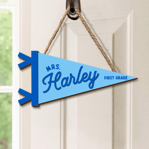 Personalized Teacher Pennant Flag Door Sign, Custom Teacher Name And Grade Sign, Back To School Gift, Teacher Gift, Class Welcome Sign