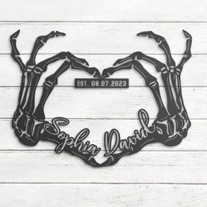 Custom Skeleton Hand Heart Name And Date Metal Wall Art LED Light, Personalized Heart Infinity Sign Decor, Couple Halloween Love Decoration