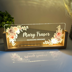 Personalized Desk Name Plate With Wooden Base, Lighted LED Light Nameplate, Desk Accessories, Office Gifts for Boss Coworkers, New Job Gifts