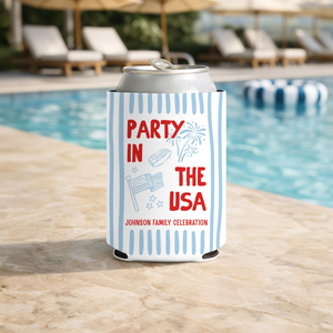 Custom Party in the USA Can Cozie, Personalized 4th of July Family BBQ Party Favor, Patriotic USA 250 Drink Sleeve