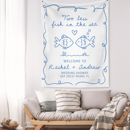 Personalized Bachelorette Party Decor, Custom Two Less Fish In The Sea Bachelorette Party Banner Fishing Couples Bachelorette Party Backdrop