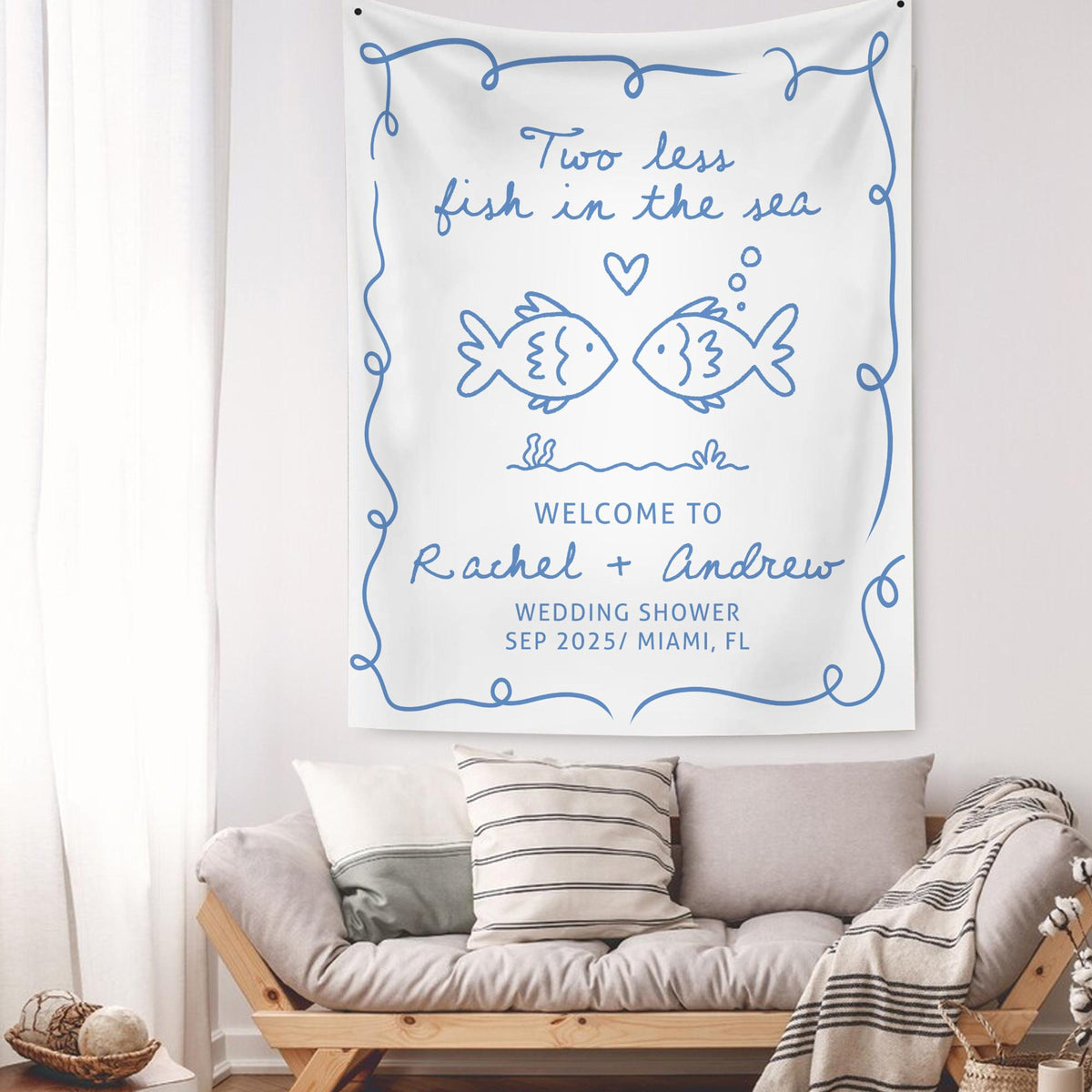 Personalized Bachelorette Party Decor, Custom Two Less Fish In The Sea Bachelorette Party Banner Fishing Couples Bachelorette Party Backdrop