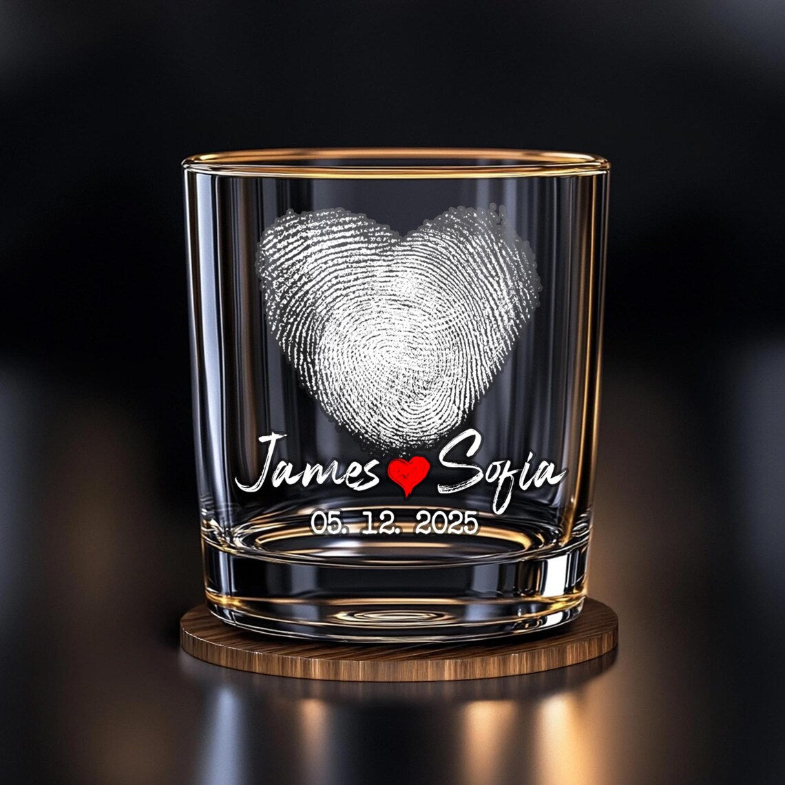 Personalized Fingerprint Heart Whiskey Glass, Custom Couple Gift