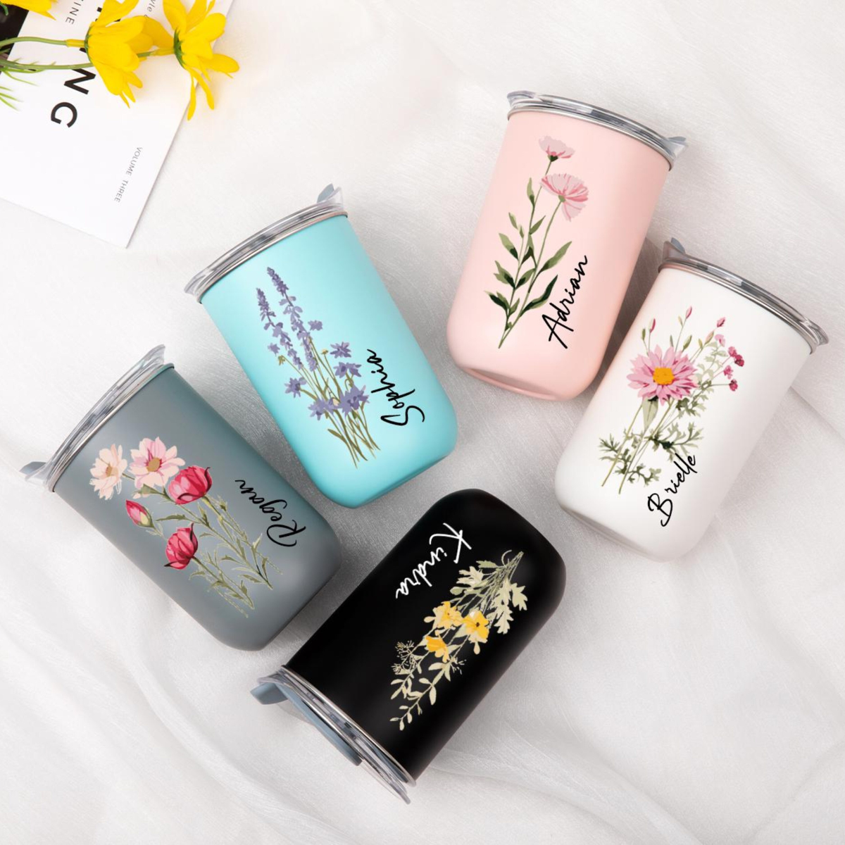 Personalized Floral Stainless Steel Tumbler, Bridesmaid Wedding Travel Cup 10oz, Gift For Her