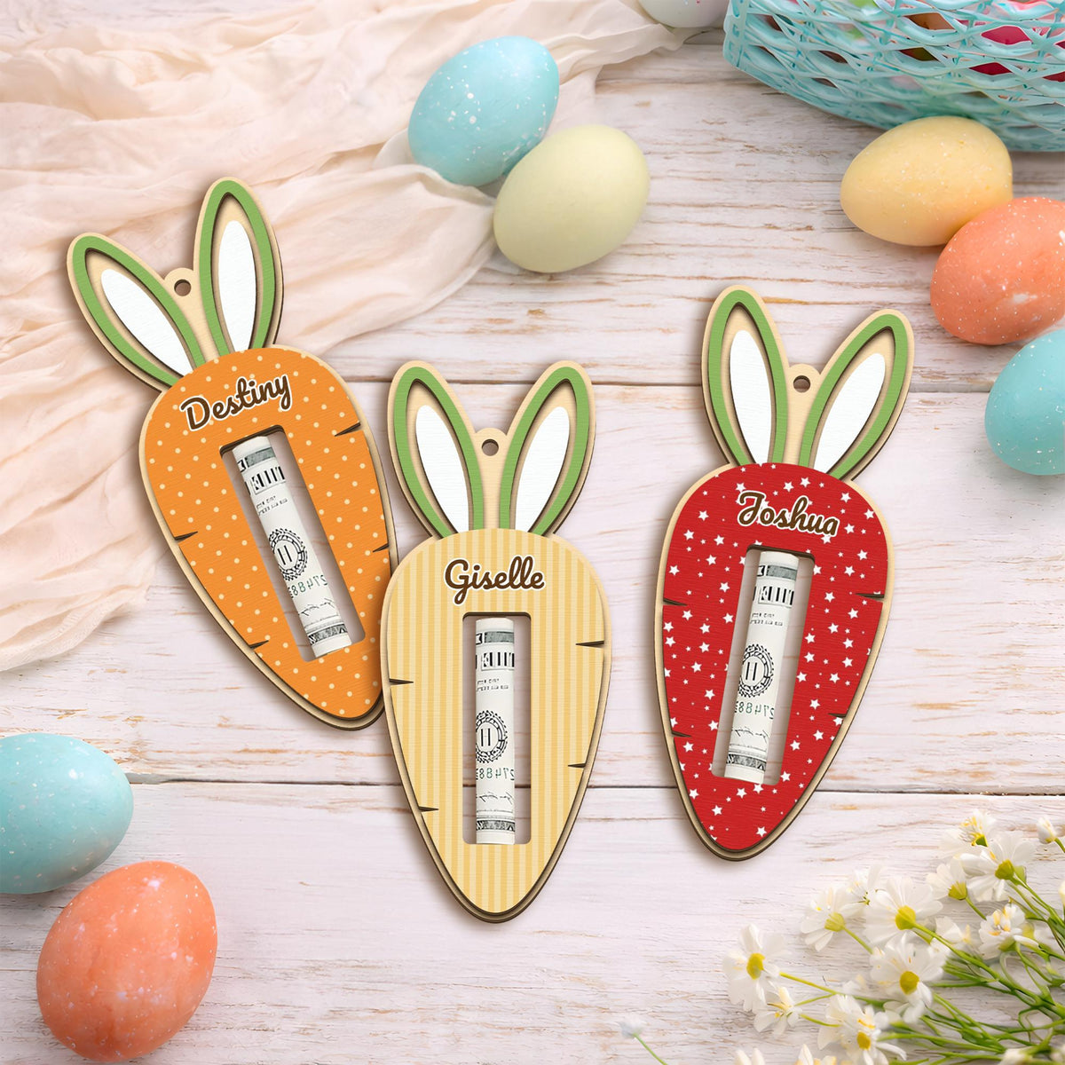 Custom Easter Bunny Money Holder, Personalized Wooden Easter Name tag, Easter Gift for Kids