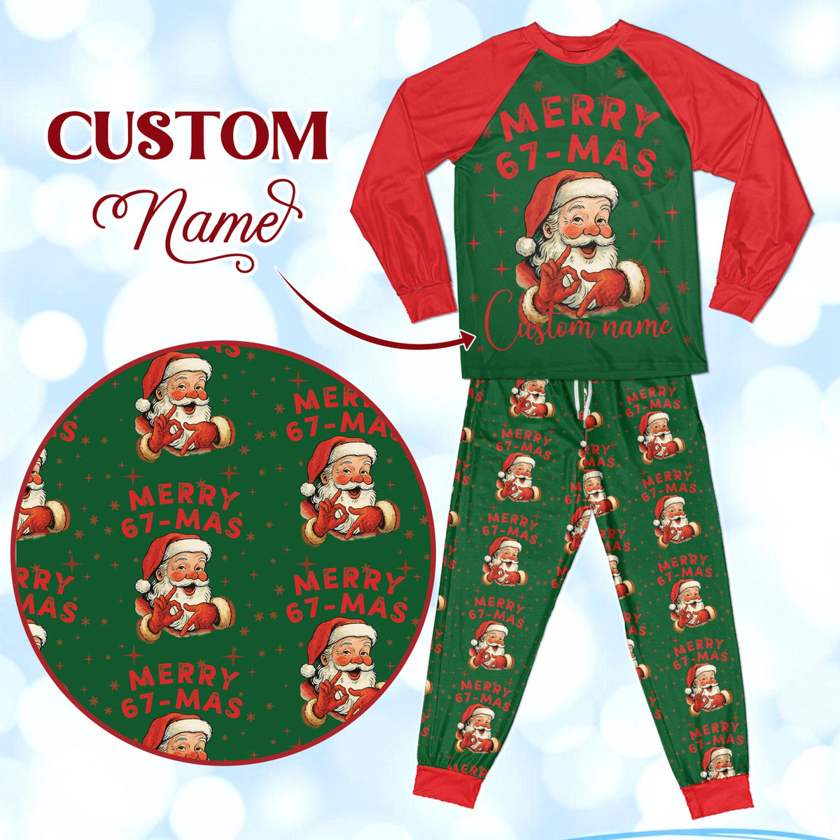 Personalized 6 7 Santa Christmas PJs, Custom Name Merry 67-Mas Meme Pajamas, Holiday Joke Gift Set, Funny Six Seven Pajamas for Kids Adults