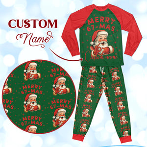Personalized 6 7 Santa Christmas PJs, Custom Name Merry 67-Mas Meme Pajamas, Holiday Joke Gift Set, Funny Six Seven Pajamas for Kids Adults
