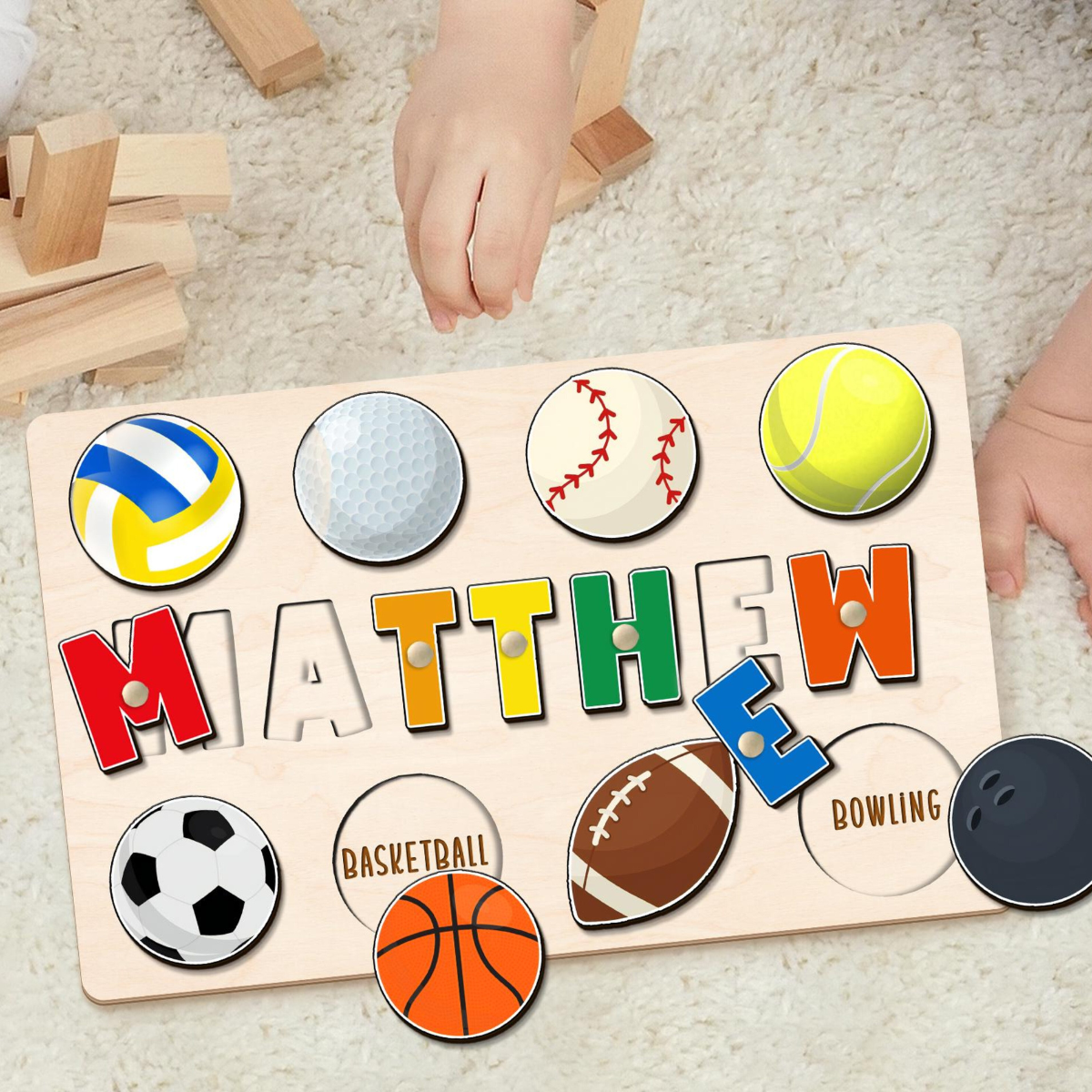 Birthday Gift for Boys, Custom Wooden Name Puzzle, Baby Shower Gift, Personalized Name Puzzle with Balls, Ball Game Sports Theme Name Puzzle