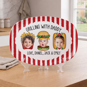 Custom Dad's Grilling Platter with Kids Faces: Father's Day Gift From Kids, Striped Grilling Plate for Kitchen Decoration, Funny Daddy Gift